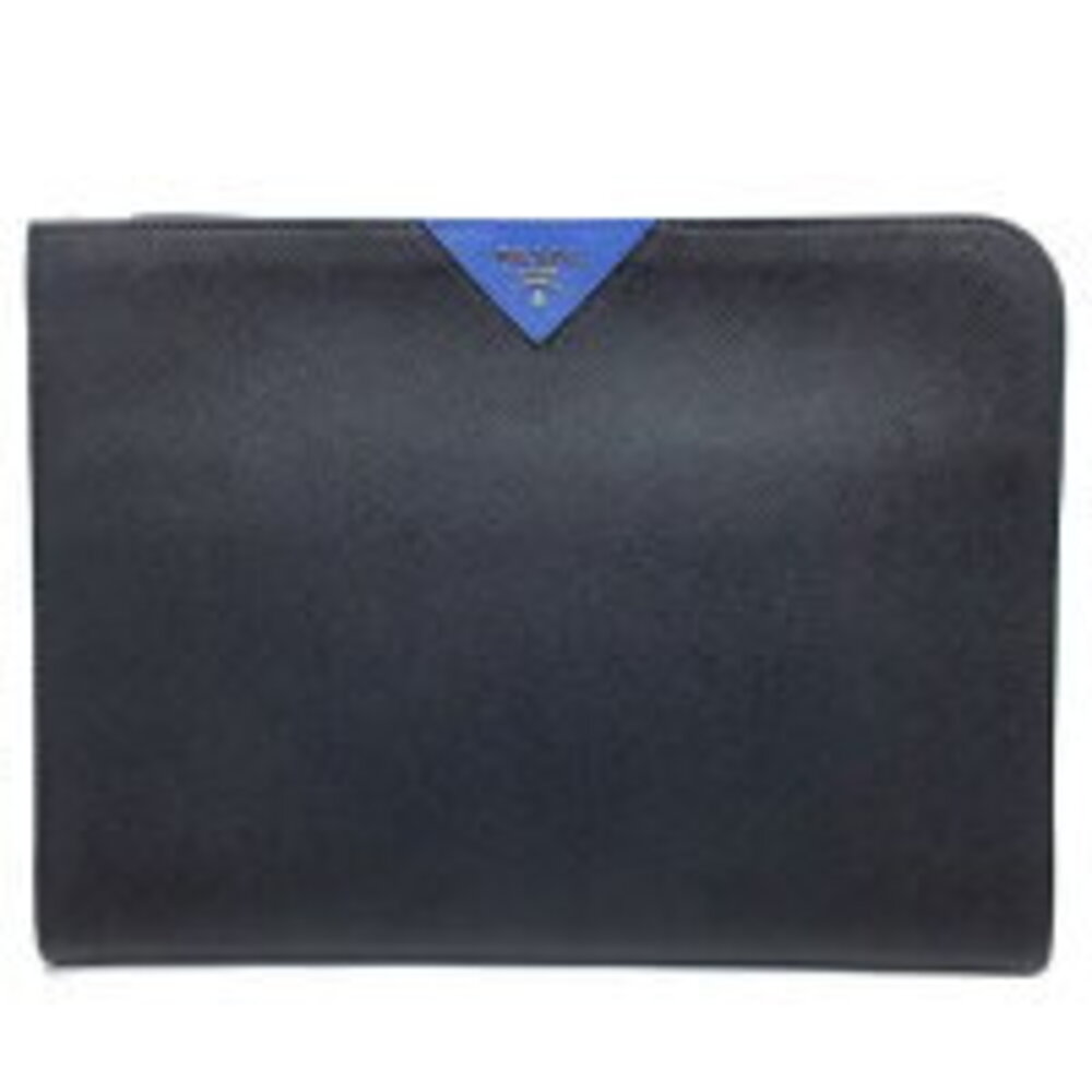 PRADA Clutch Bag Document Case Saffiano Travel Shoulder Black Blue Leather